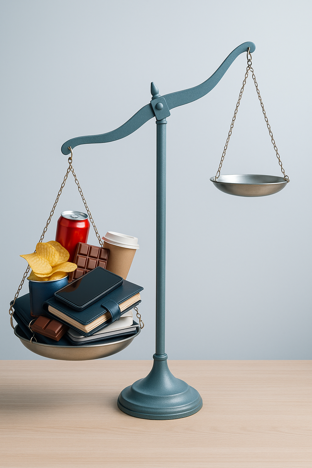 Waage mit ungesunden Lebensmitteln und Alltagsstress auf der einen Seite symbolisiert die Herausforderung, gesunde Balance im Leben zu finden